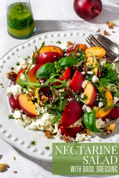 Nectarine salad on a large white plate. Nectarine Salad, Amazing Salads, Basil Vinaigrette, Grilled Halloumi, Easy Salad, Small Food Processor, Salad With Sweet Potato, Sugar Snap Peas