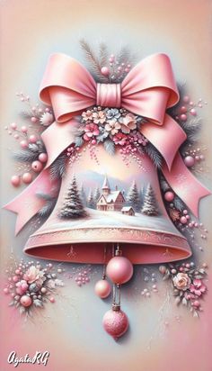 a painting of a christmas bell with pink bows and ornaments on it's side