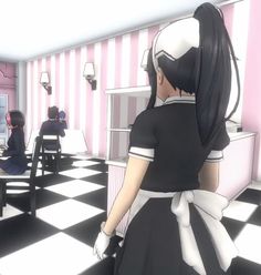 a girl in a black and white dress is standing in a room with checkered walls