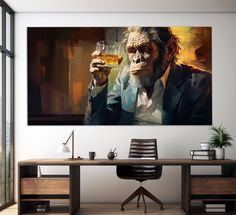 an oil painting of a monkey holding a glass of wine on a wall above a desk