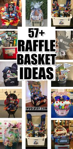 a bunch of baskets filled with different types of items and text that reads, 5 + raffle basket ideas