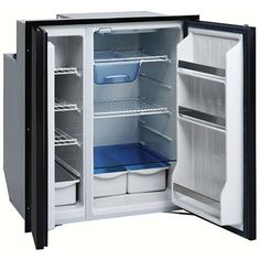 an open refrigerator with the door closed and two shelves filled with plastic containers on both sides