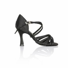 a woman's black high heeled shoe with straps