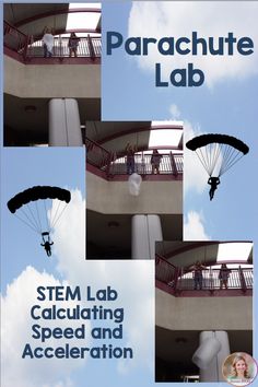 an advertisement for a parachute lab with images of people in the air and below them