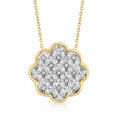 Ross-Simons - 1.00ct t. w. Diamond Cluster Flower Necklace in Gold. 20". Chic and feminine, this necklace flaunts a fabulous sparkle. A cluster of 1.00 ct. t. w. diamonds are set in shimmery 14kt white gold, resting in a flower-shaped frame of luxurious 14kt yellow gold. Suspends from a cable chain. Lobster clasp, diamond cluster flower necklace. Diamond birthstones are the perfect gift for April birthdays. April Birthday, Diamond Birthstone, Necklace Diamond, Jewelry Design Necklace, 10th Birthday, Diamond Cluster