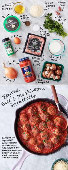 the ingredients to make meatballs and sauces are shown in two separate pictures, one is