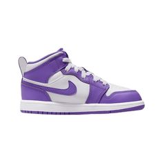 Introduce a splash of vibrant style to your little one's wardrobe with the Jordan 1 Mid Preschool Sneaker, featuring a captivating Purple Venom hue contrasted with crisp White, identified by the model number DQ8424-511. These sneakers embody youthful energy and iconic design, creating a fashionable statement for the smallest trendsetters. Key Features: Dynamic Color Fusion: The Jordan 1 Mid Preschool Sneaker showcases a lively Purple Venom hue, creating a bold and playful aesthetic. Accented wit Sporty Purple School Sneakers, Purple High-top Sneakers For School, Purple Low-top Sneakers For Playtime, Playful Purple Low-top Sneakers, Purple Low-top Sneakers For School, Preschool Fashion, Nike Kids Shoes, Playful Aesthetic, Nike Sneakers Mens