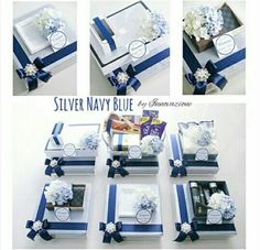 several pictures of silver navy blue and white gift boxes with ribbons, flowers, and tags