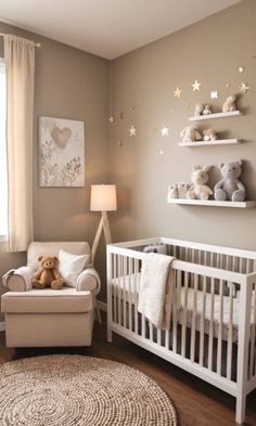 a baby's room with a teddy bear in the crib