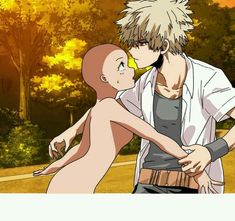 two anime characters are kissing in front of trees