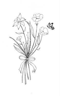 a drawing of some flowers and a butterfly