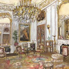 a painting of a living room with chandelier and paintings on the walls,