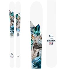 the back side of a pair of skis with blue and silver crystals on them