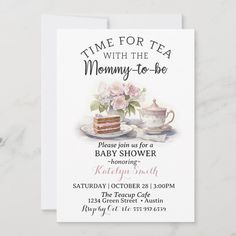 a baby shower card with a cake and tea cup on the front, it says time for tea with the mommy - to - be