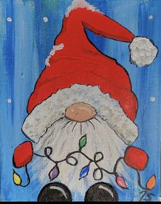 an acrylic painting of a santa clause with christmas lights on his feet and nose