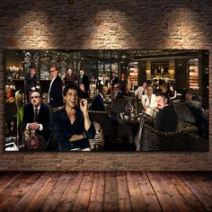 a group of people sitting at tables in a room with stone walls and wooden floors