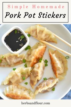 simple homemade pork pot stickers on a white plate with chopsticks and dipping sauce