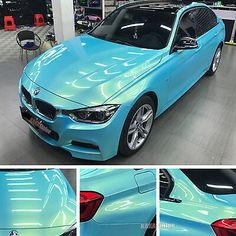 the front and back view of a blue bmw car in three different pictures, including an image