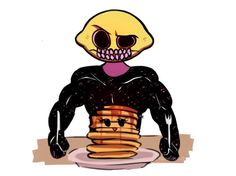 a drawing of a skeleton holding a stack of pancakes