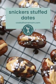 some chocolate covered donuts on a cooling rack with the words snickkers stuffed dates