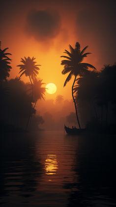 the sun is setting behind palm trees and boats on the water in front of them