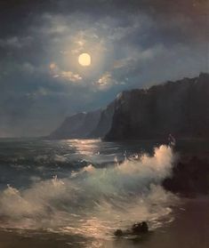 an oil painting of waves crashing on the shore with a full moon in the background