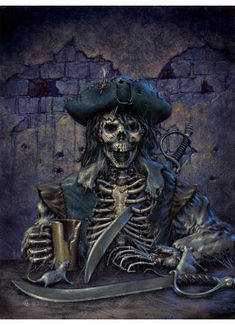 a painting of a skeleton with a pirate hat holding a knife and a cup in his hand