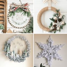 four different christmas wreaths hanging on the wall and in front of them are snowflakes