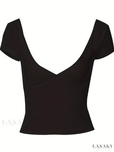 Lasaky - Stylish and Chic Womens Slim-Fit Plunging V-Neck T-Shirt: Elegant Short Sleeve Tee for Spring & Summer Wardrobe Stretch Seamless Low-cut Tops, Stretch Low-cut Tops For Summer, Stretch Low-cut Summer Tops, Fitted V-neck Top For Night Out, Black Seamless V-neck Top, Fitted V-neck T-shirt, Fitted V-neck Top For Summer, Black V-neck Short Sleeve Top, Black Stretch Low-cut Tops