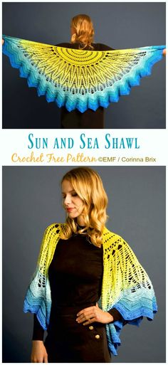 two pictures of the same shawl, one with blue and yellow crochet on it