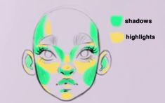 a drawing of a woman's face with green and yellow markings on her forehead