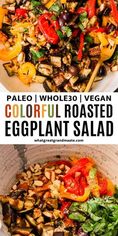 colorful roasted eggplant salad in a white bowl