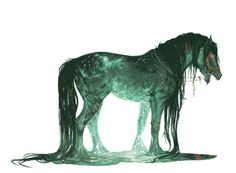 a green horse with long hair standing on the ground