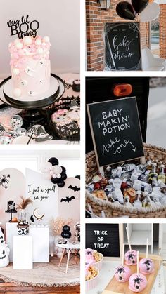 a collage of photos with cakes, candy and other items on display at a halloween party