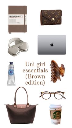 Uni girl essentials brown edition Uni Essentials, Trending Bags, Everyday Bag Essentials, Girl Essentials, Uni Bag, School Bag Essentials, Inside My Bag, Fendi Bag, College Fits