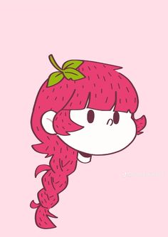 a drawing of a girl with pink hair and green leaves on her head, wearing a pony tail