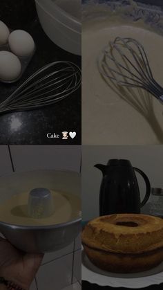 there are four pictures that show different things in the same place, including eggs and cake batter