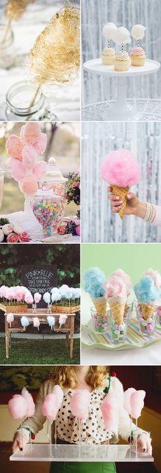 a collage of photos with pink, blue and white desserts on display in the foreground