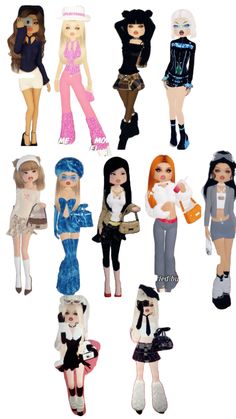 many different types of dolls are shown together