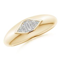 This 14k yellow gold signet ring makes a unique statement. The triangle diamonds beautifully frame the baguette diamond in between, together forming an impressive geometric pattern. These glittering diamonds are secured in bezel settings. Triangle Diamond, Diamond Signet Ring, Diamond Jewel, The Triangle, Gold Signet Ring, Baguette Diamond, Quality Diamonds, White Ring, Signet Ring