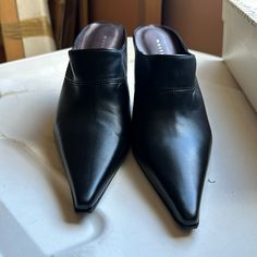 Brand New Never Worn Fitted Leather Mules For Fall, Classic Black Synthetic Mules, Formal Fall Synthetic Mules, Fall Formal Synthetic Mules, Black Pointed Toe Faux Leather Mules, Formal Black Synthetic Mules, Sleek Black Synthetic Mules, Shoes Brand, Shoe Brands