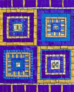 blue and yellow tiles with squares on them