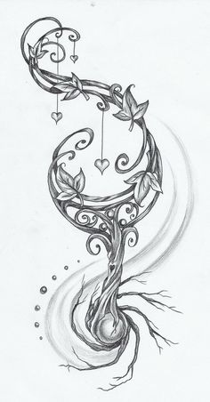 a drawing of a tree with vines and hearts hanging from it's branches, on white paper