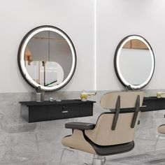 a hair salon with mirrors and chairs in front of the counter top, one chair is up against the wall