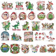 various christmas stickers and decals for the holiday season, including characters from toy story land