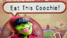 a cartoon character is shown in front of a sign that says eat this cooche