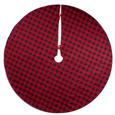 a red and black checkered round tablecloth with white string hanging from the top