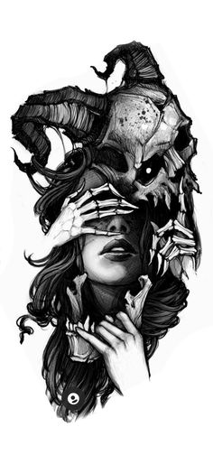 a drawing of a woman's face with her hands on her face and an animal head