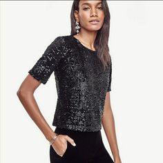 Very Cute Top For Your Holiday Festivities. Shell: 97% Polyester, 3% Spandex Lining: 100% Polyester Approx. 19" Length, 17" Armpit To Armpit Black Sequin Blouse, Ruffle Top Blouses, Stylish Petite, Black Sequin Top, Rare Occasions, Sequin Tee, Petite Blouses, Sequin Blouse, Eve Outfit