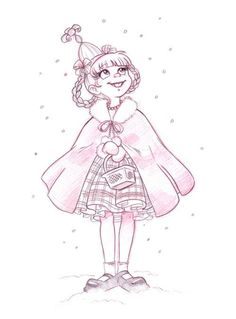 a drawing of a girl wearing a cape and holding a bag in her hand, with snow